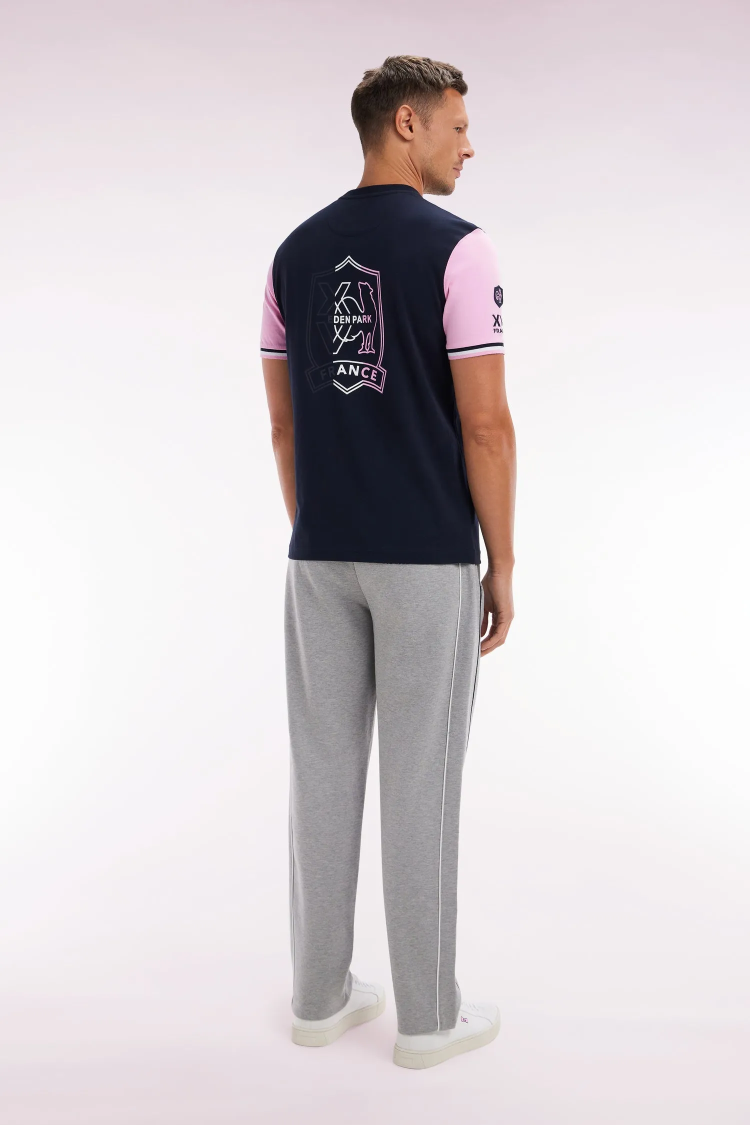 Pantalon jogging en molleton coton stretch gris passepoil marine coupe droite