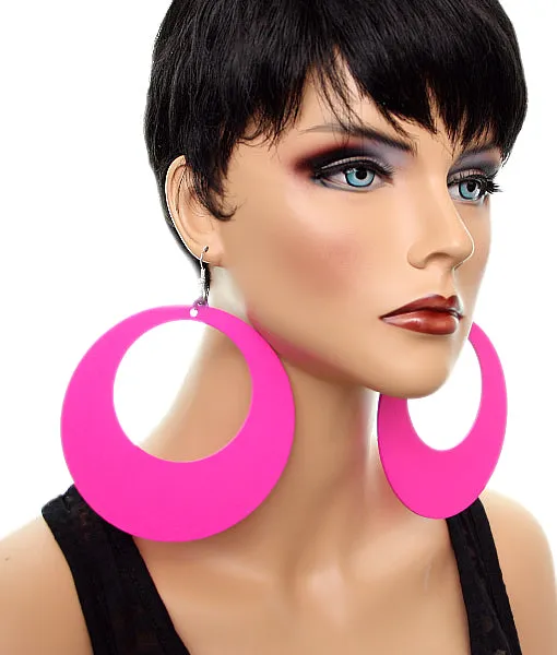 Pink Gigantic Wooden Round Hoop Earrings