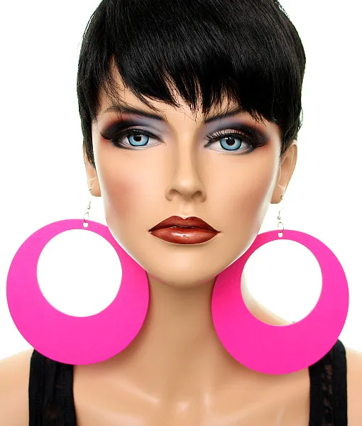 Pink Gigantic Wooden Round Hoop Earrings