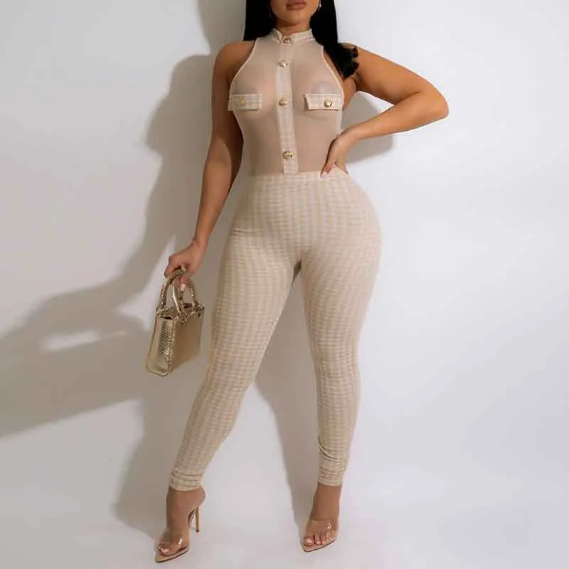 Print Sleeveless Sheer Mesh Skinny Jumpsuit