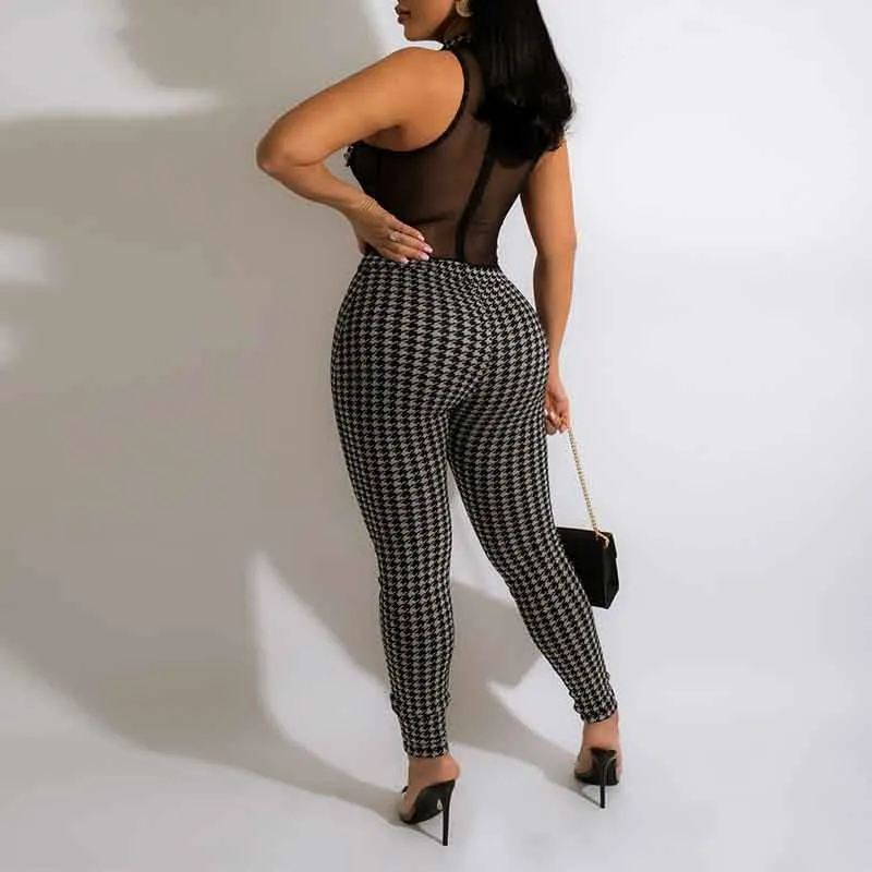 Print Sleeveless Sheer Mesh Skinny Jumpsuit