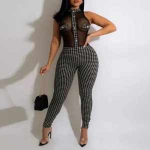 Print Sleeveless Sheer Mesh Skinny Jumpsuit