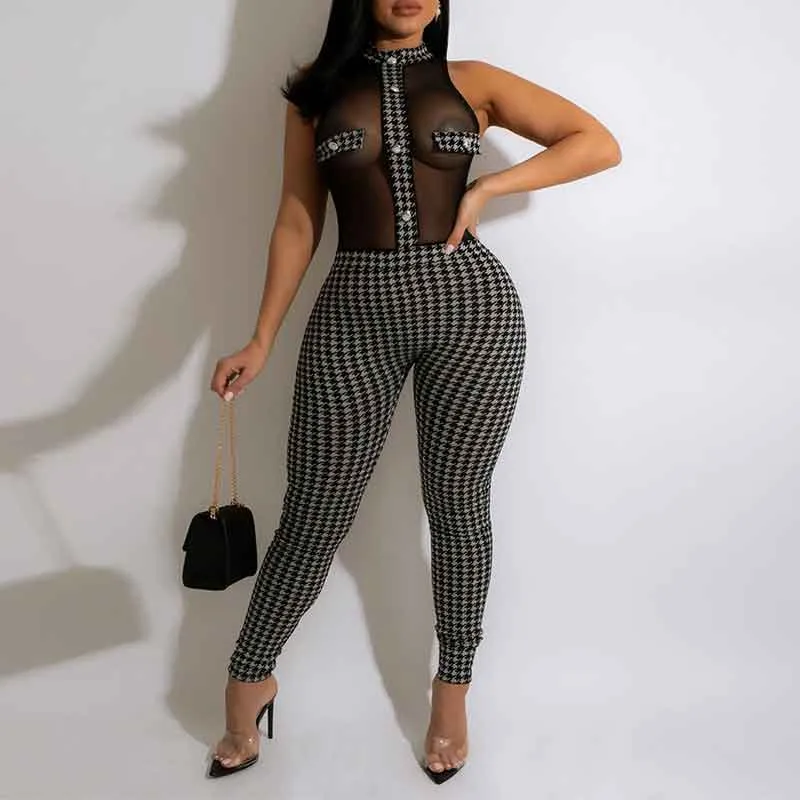 Print Sleeveless Sheer Mesh Skinny Jumpsuit