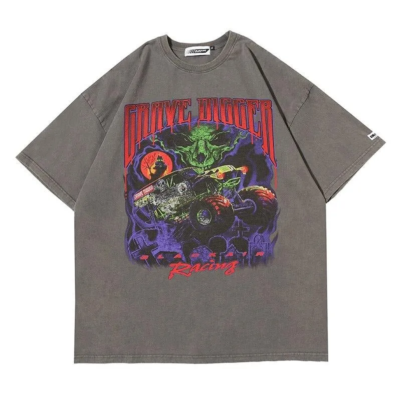 "GRAVE DIGGER" T-shirt Noir Oversize Imprimé - URB1™