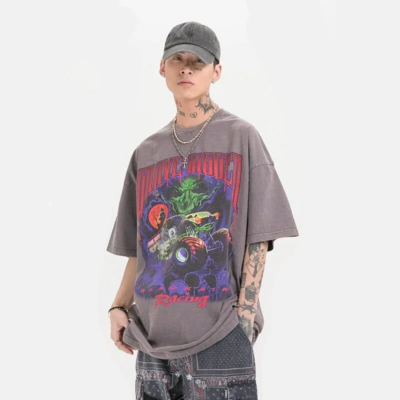 "GRAVE DIGGER" T-shirt Noir Oversize Imprimé - URB1™