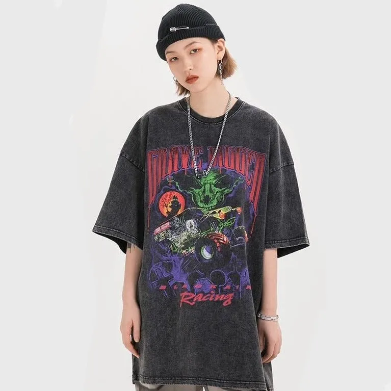 "GRAVE DIGGER" T-shirt Noir Oversize Imprimé - URB1™