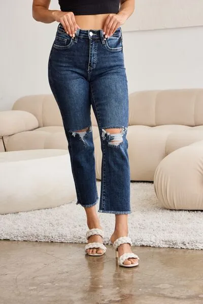 RFM Crop Dylan Full Size Tummy Control Distressed High Waist Raw Hem Jeans