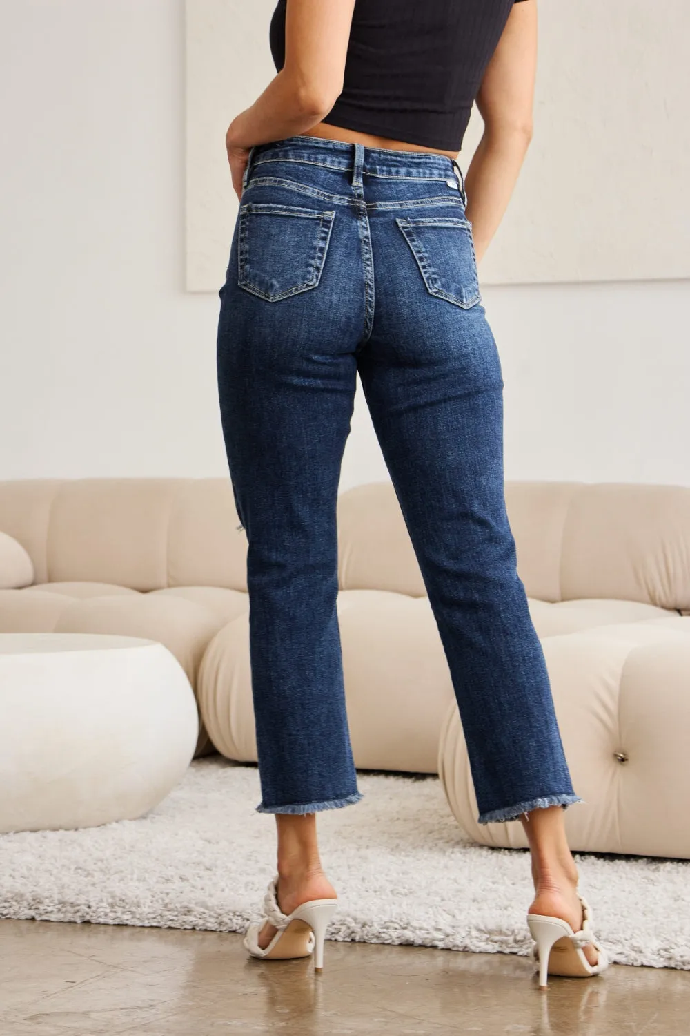 RFM Dark Blue Tummy Control High Waist Crop Raw Hem Jeans