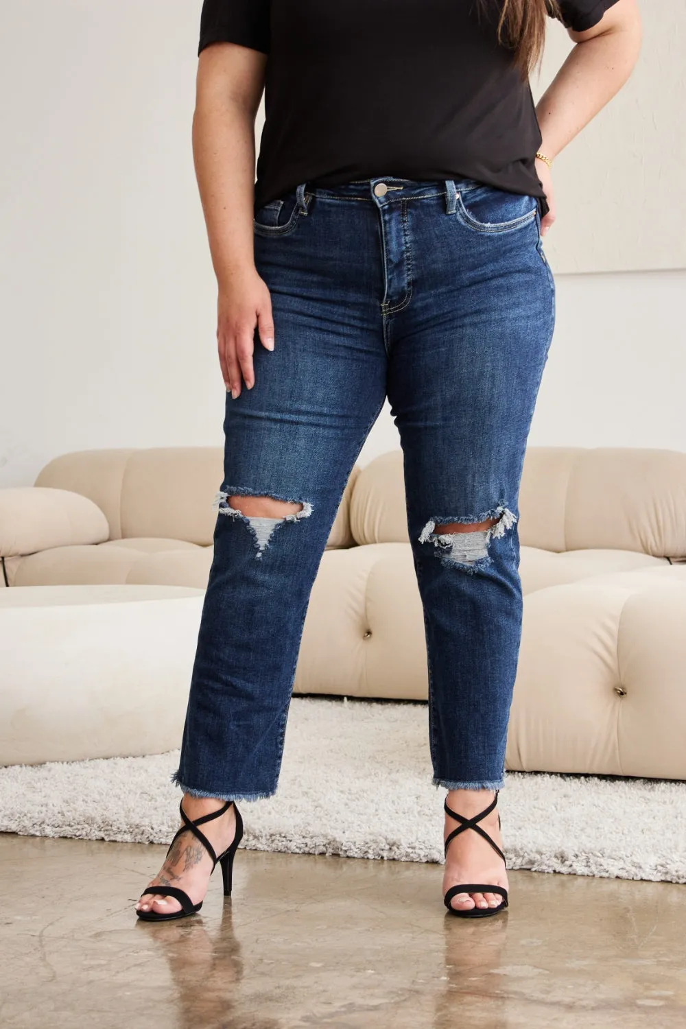 RFM Dark Blue Tummy Control High Waist Crop Raw Hem Jeans