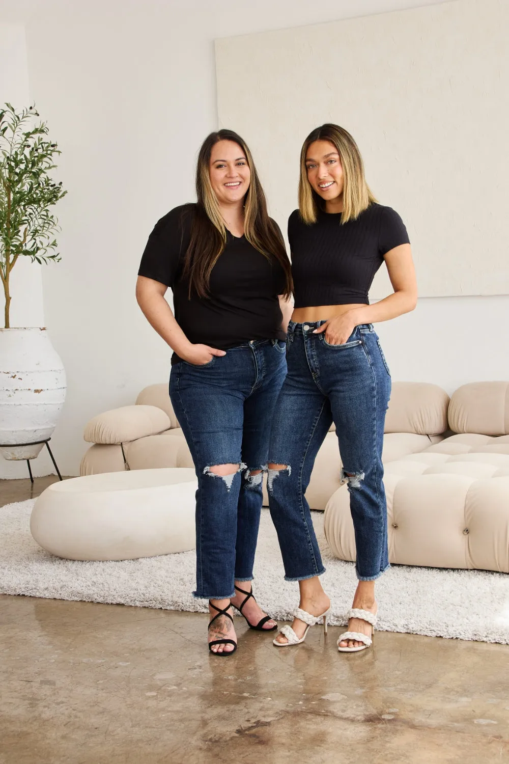 RFM Dark Blue Tummy Control High Waist Crop Raw Hem Jeans