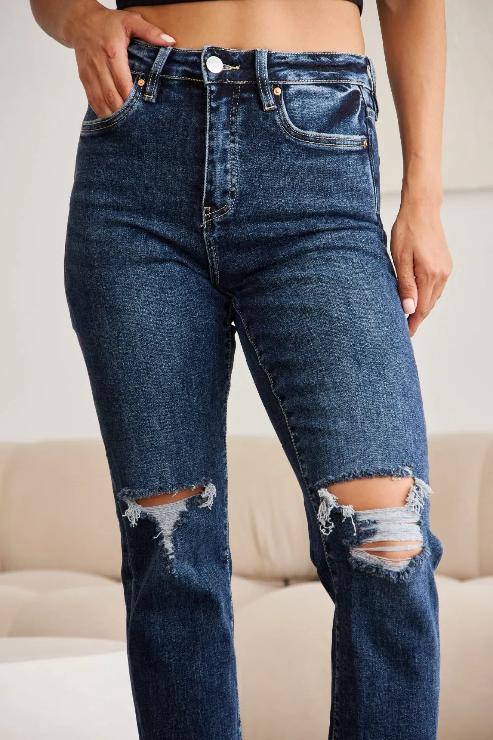 RFM Dark Blue Tummy Control High Waist Crop Raw Hem Jeans