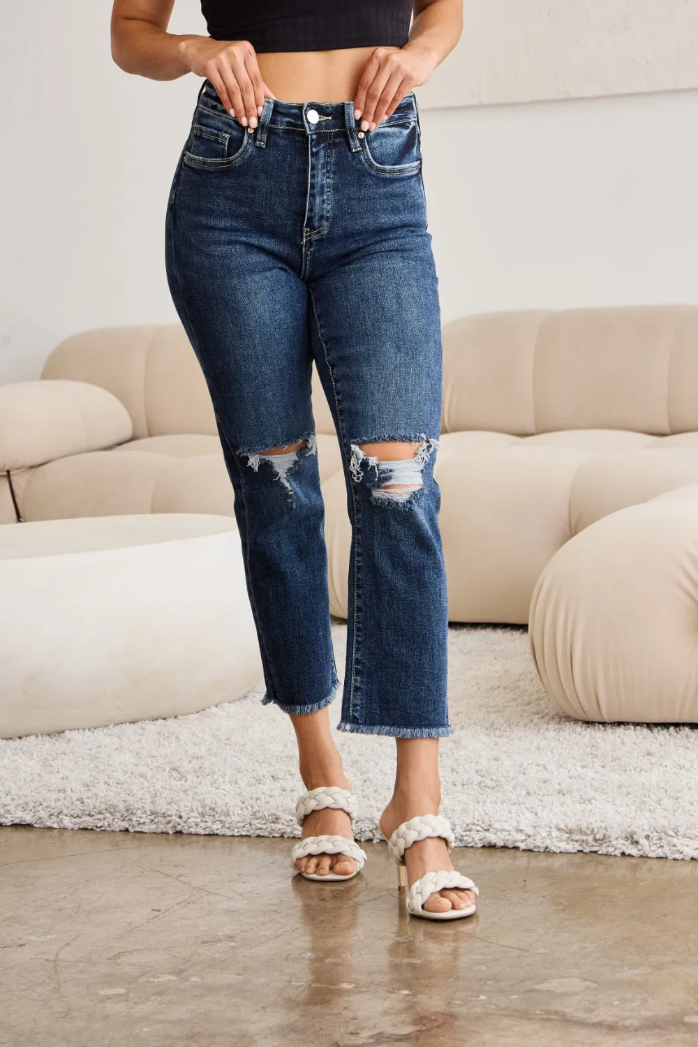 RFM Dark Blue Tummy Control High Waist Crop Raw Hem Jeans