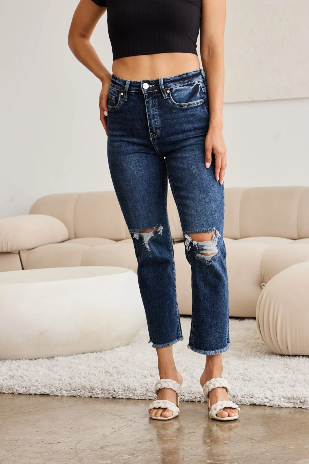 RFM Dark Blue Tummy Control High Waist Crop Raw Hem Jeans