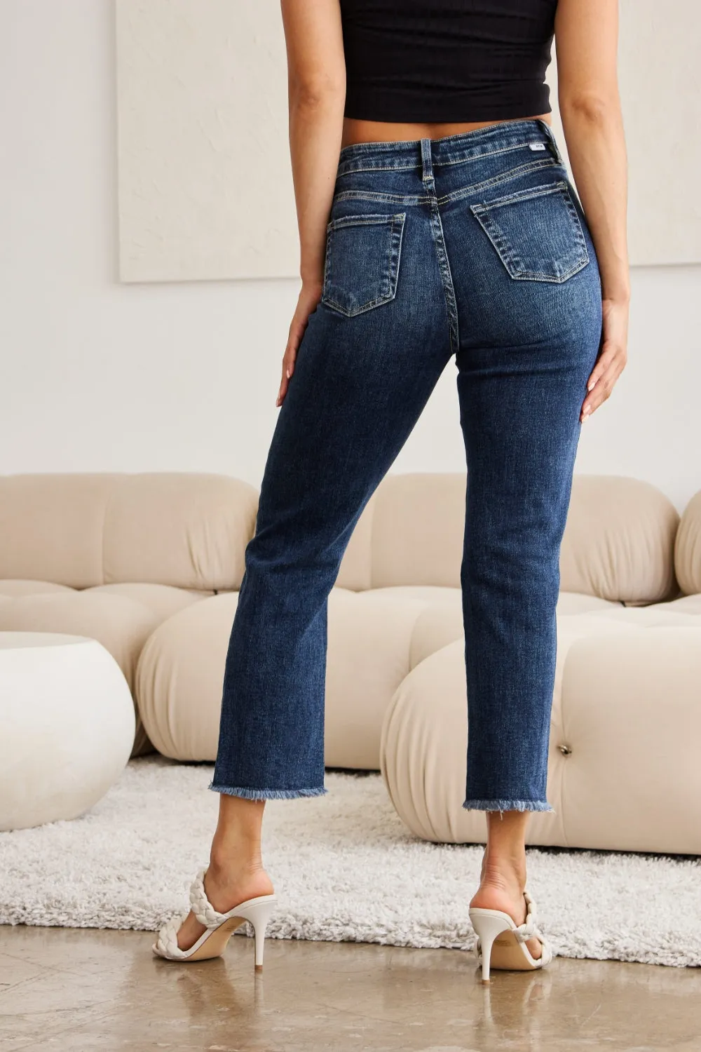 RFM Dark Blue Tummy Control High Waist Crop Raw Hem Jeans