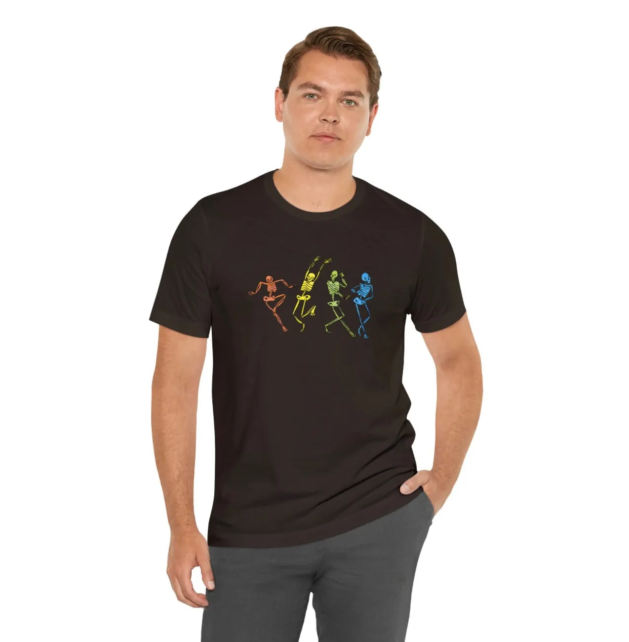 Skelly Rainbow Dance Unisex Jersey Short Sleeve Tee - Designed by Sadie Rothenberg (White or Brown)