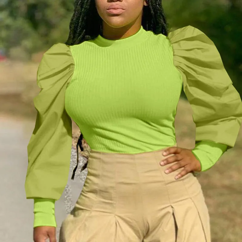 Solid Ribbed Puff Long Sleeve Slim Knitted Tops