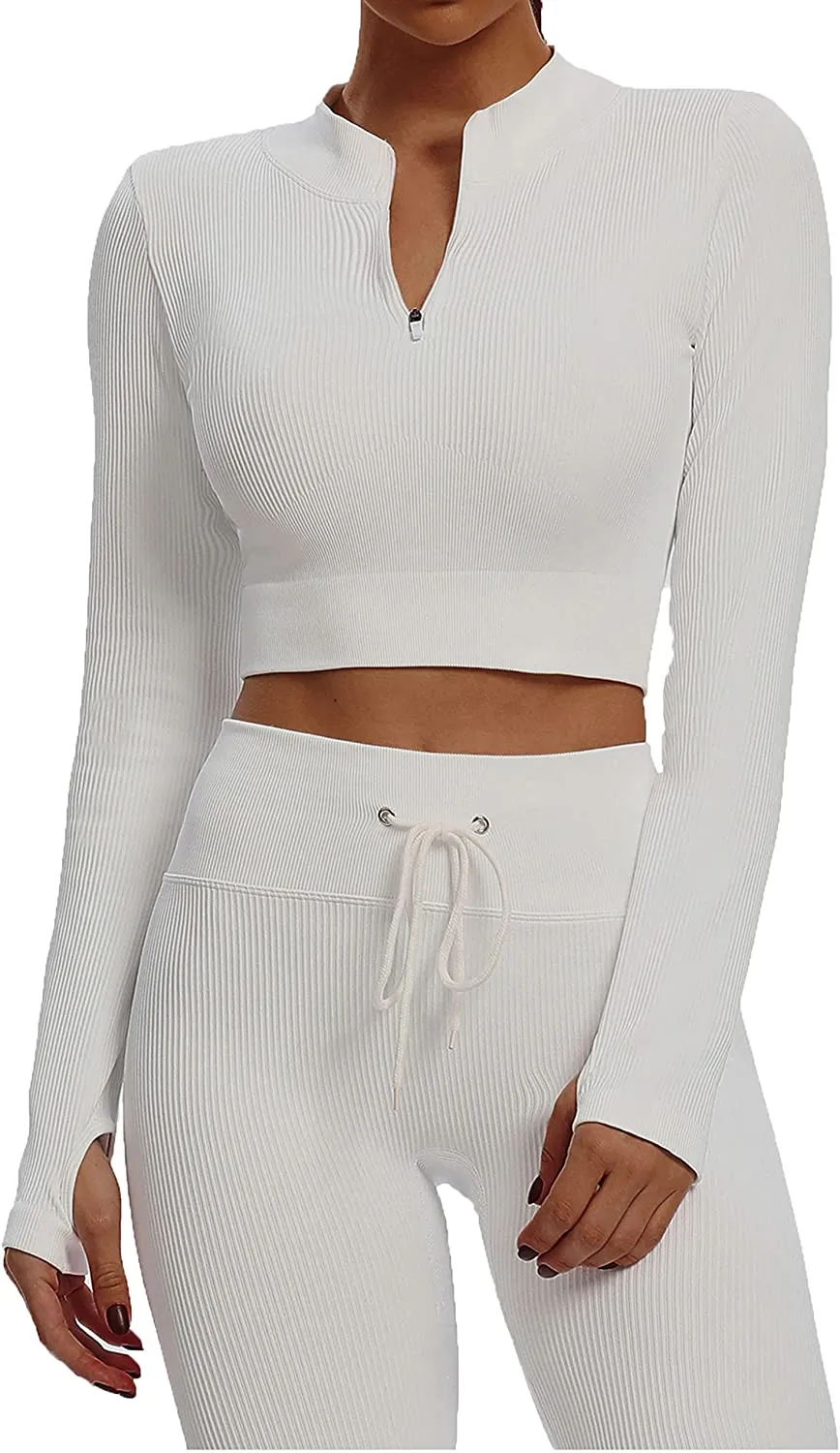 Sytiz Seamless 2 Piece Outfits for Women Ribbed Long Sleeve Zip Front Crop Top   High Waist Leggings Yoga Gym Workout Sets