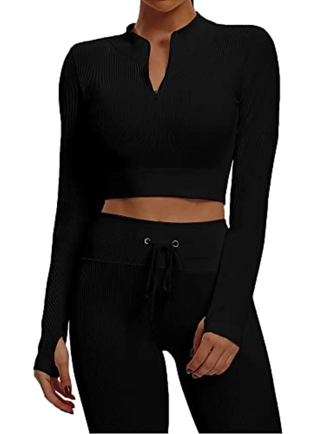 Sytiz Seamless 2 Piece Outfits for Women Ribbed Long Sleeve Zip Front Crop Top   High Waist Leggings Yoga Gym Workout Sets