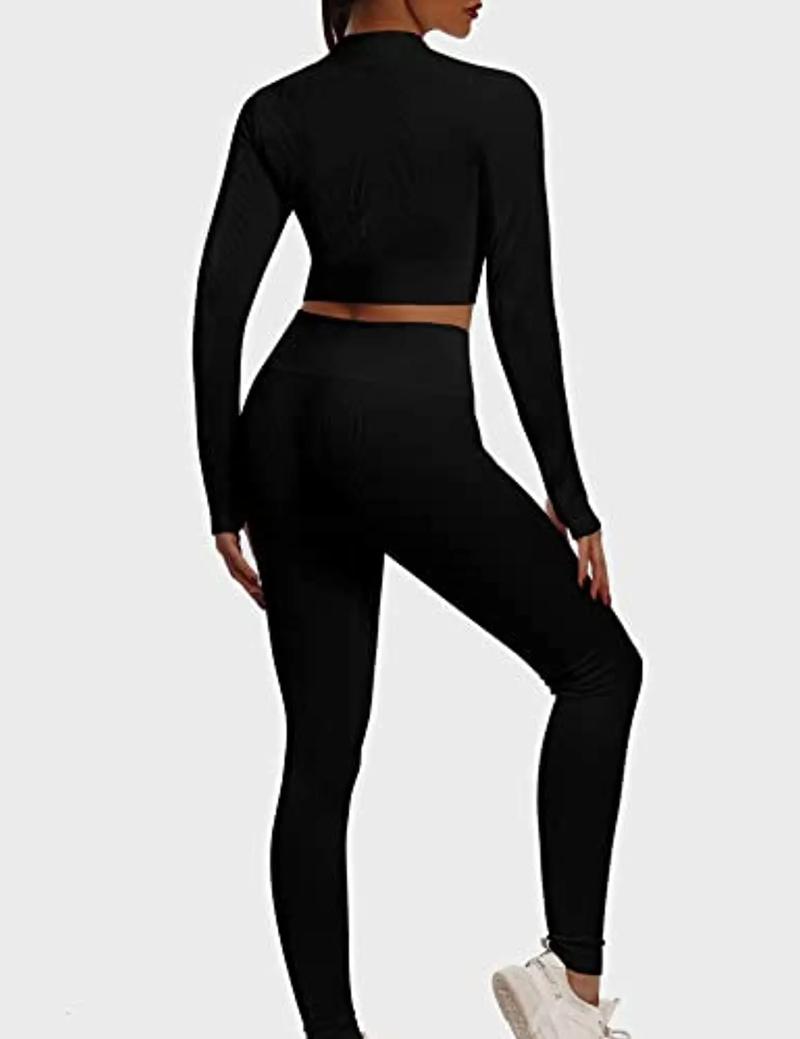 Sytiz Seamless 2 Piece Outfits for Women Ribbed Long Sleeve Zip Front Crop Top   High Waist Leggings Yoga Gym Workout Sets