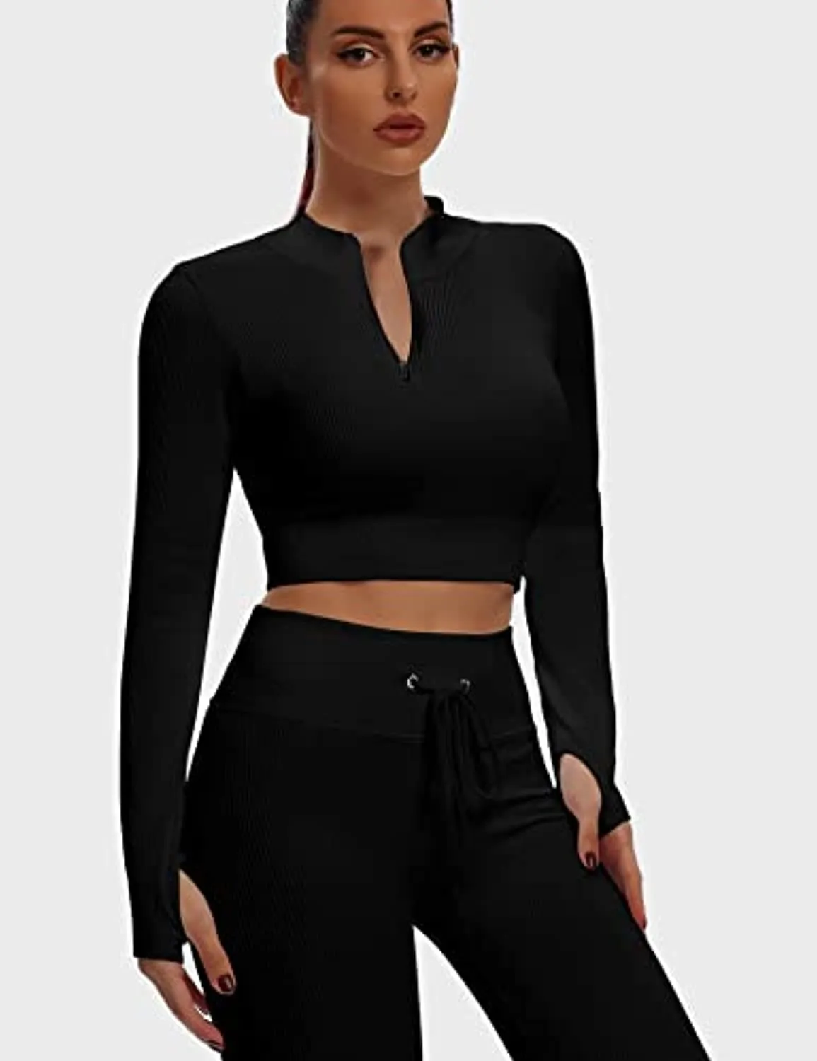 Sytiz Seamless 2 Piece Outfits for Women Ribbed Long Sleeve Zip Front Crop Top   High Waist Leggings Yoga Gym Workout Sets