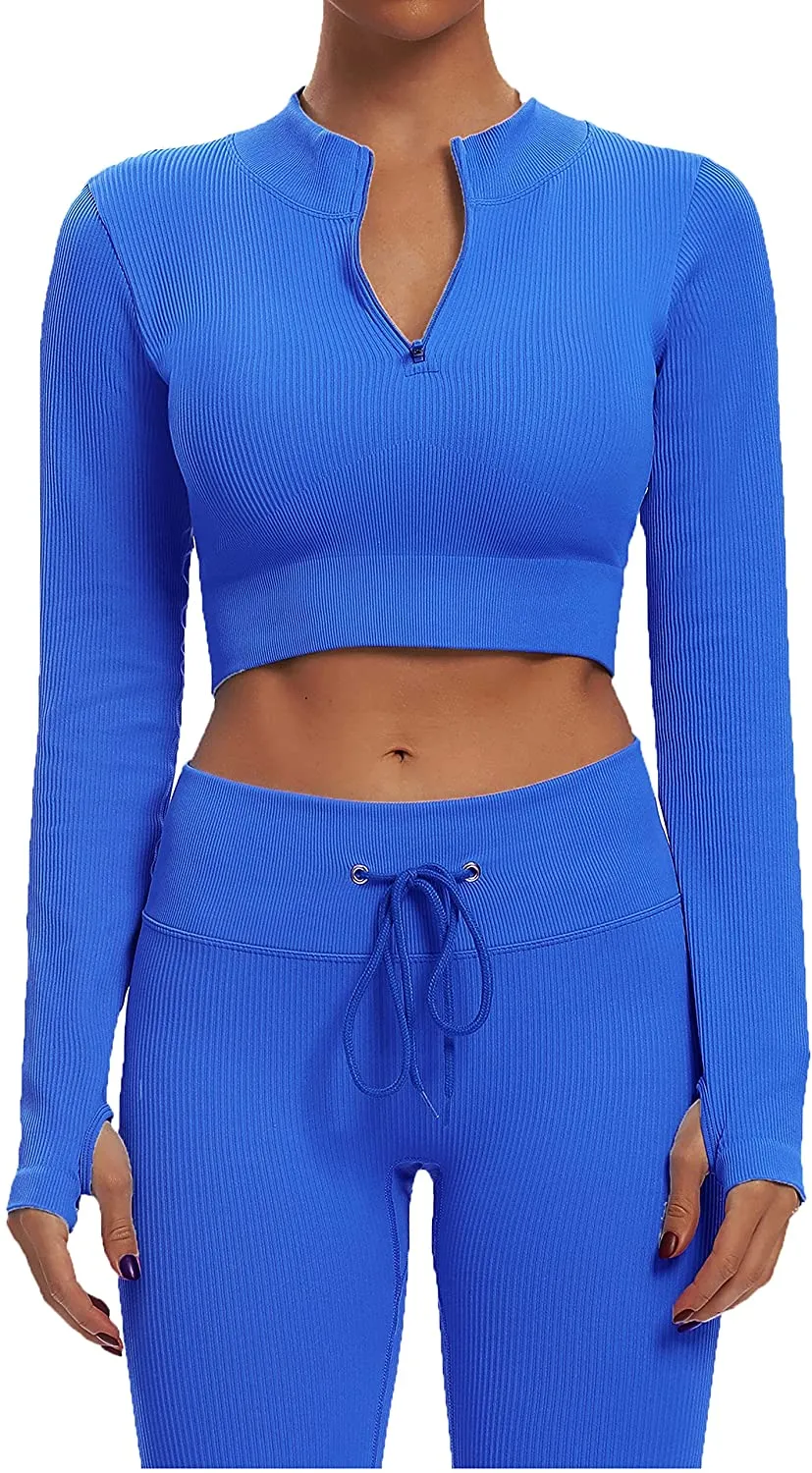 Sytiz Seamless 2 Piece Outfits for Women Ribbed Long Sleeve Zip Front Crop Top   High Waist Leggings Yoga Gym Workout Sets