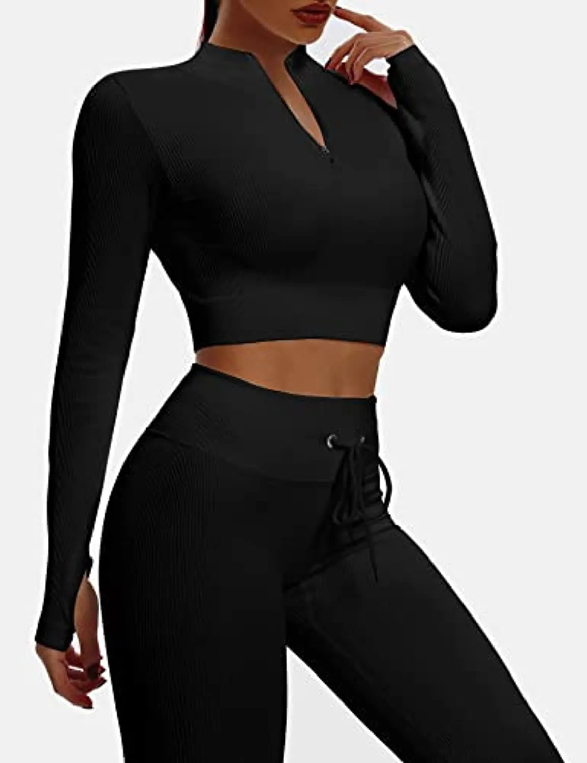 Sytiz Seamless 2 Piece Outfits for Women Ribbed Long Sleeve Zip Front Crop Top   High Waist Leggings Yoga Gym Workout Sets