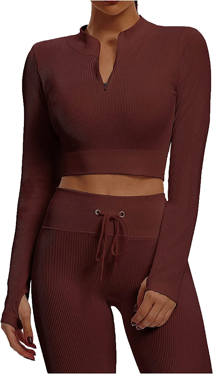 Sytiz Seamless 2 Piece Outfits for Women Ribbed Long Sleeve Zip Front Crop Top   High Waist Leggings Yoga Gym Workout Sets