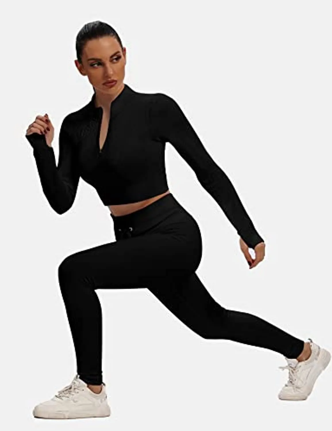 Sytiz Seamless 2 Piece Outfits for Women Ribbed Long Sleeve Zip Front Crop Top   High Waist Leggings Yoga Gym Workout Sets