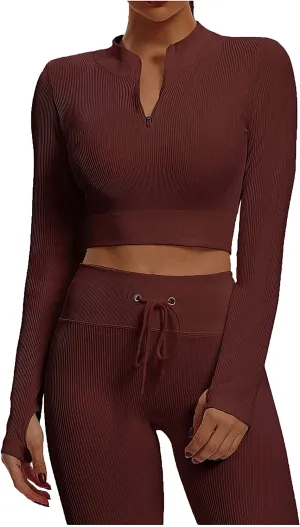 Sytiz Seamless 2 Piece Outfits for Women Ribbed Long Sleeve Zip Front Crop Top   High Waist Leggings Yoga Gym Workout Sets