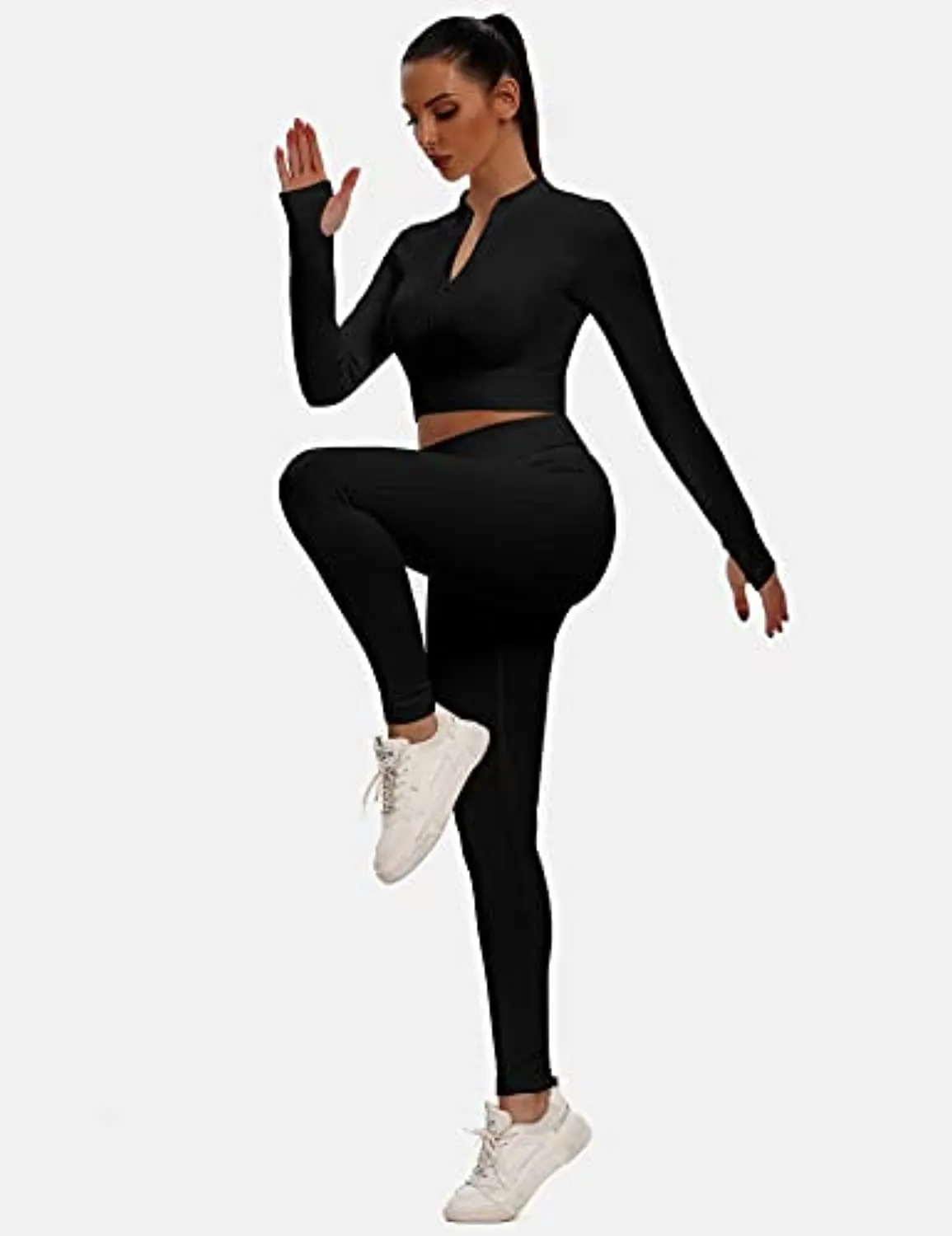 Sytiz Seamless 2 Piece Outfits for Women Ribbed Long Sleeve Zip Front Crop Top   High Waist Leggings Yoga Gym Workout Sets