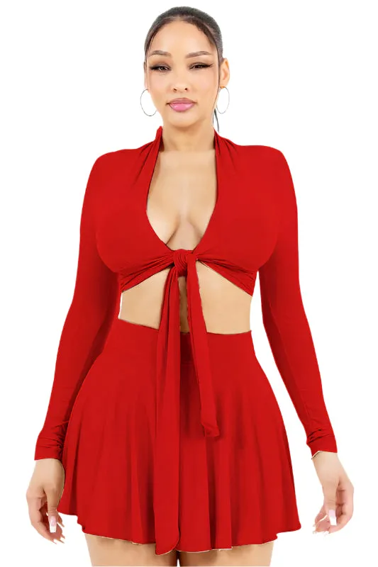 Tie Waist Top & Skirt Set – 2-Piece with Built-In Shorts