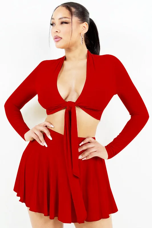 Tie Waist Top & Skirt Set – 2-Piece with Built-In Shorts