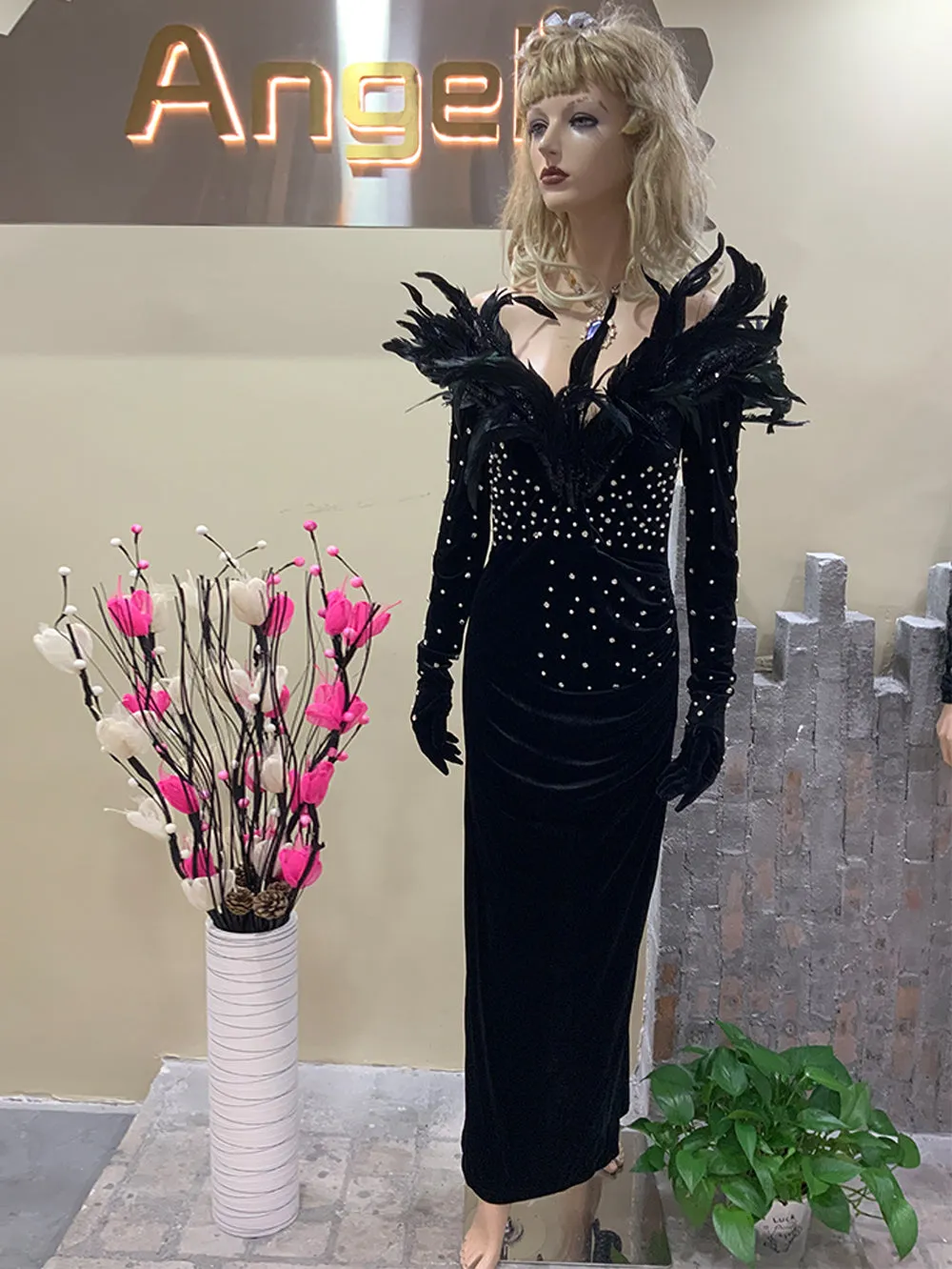 V Neck Long Sleeve Slit Maxi Bodycon Dress HT793B