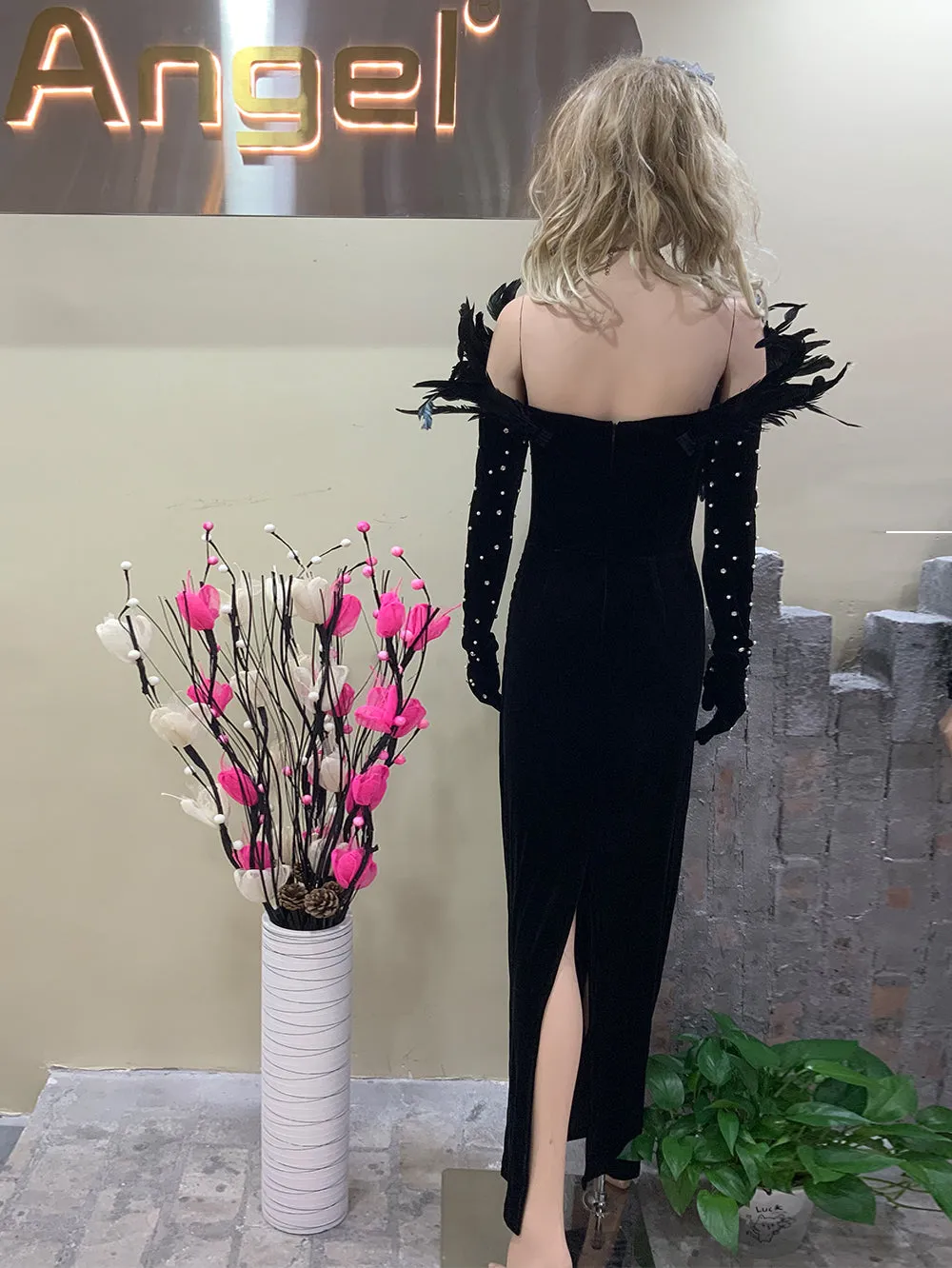 V Neck Long Sleeve Slit Maxi Bodycon Dress HT793B
