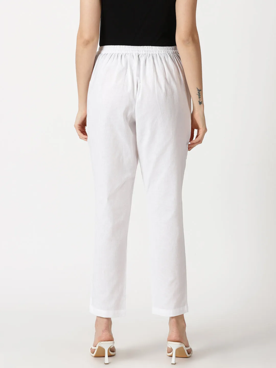 White Cotton Flax Straight Fit Slip-on Trouser