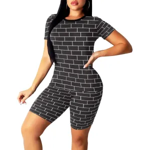 Womens Outfits, Black And White Block Brick Style Womens Short Yoga Set