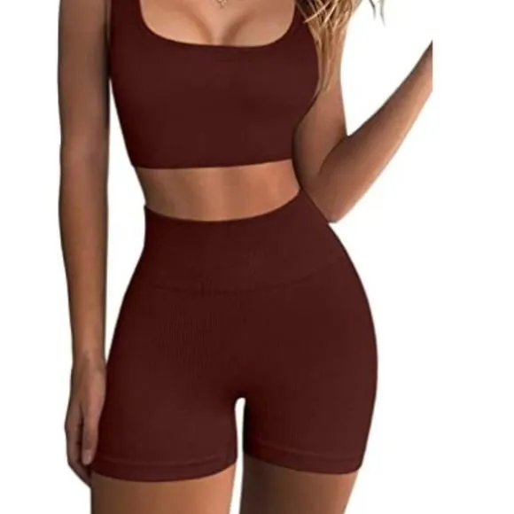 Workout Sets for Women 2 Piece Seamless Ribbed Crop Tank &amp; High Waist Shorts