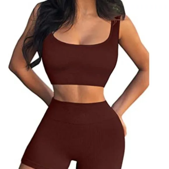 Workout Sets for Women 2 Piece Seamless Ribbed Crop Tank &amp; High Waist Shorts