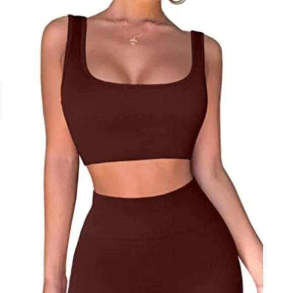 Workout Sets for Women 2 Piece Seamless Ribbed Crop Tank &amp; High Waist Shorts