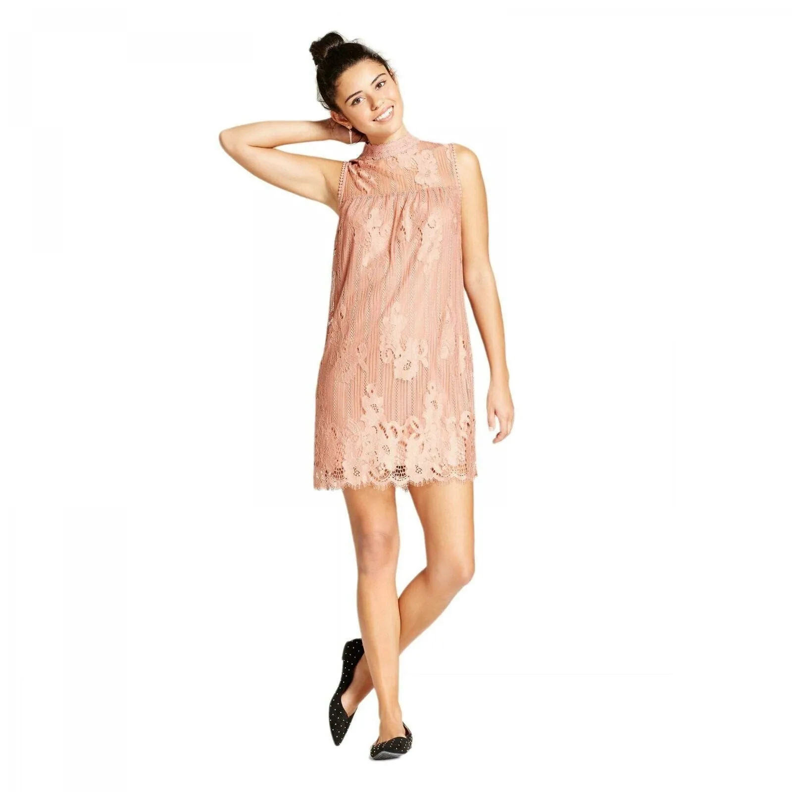 Xhilaration Women's Lace Mockneck Lined Shift Mini Dress Mauve Large